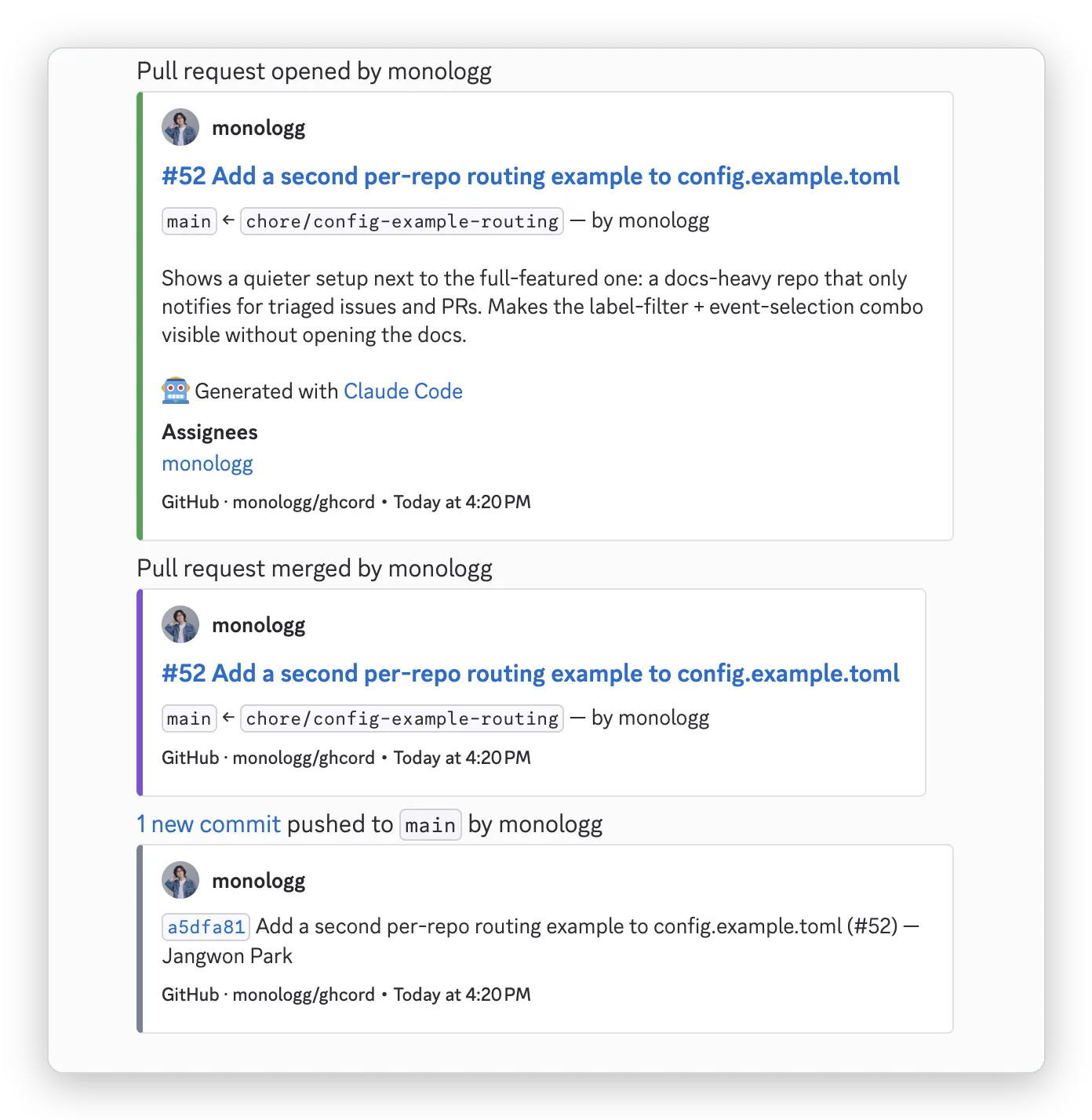 Discord 채널에 도착한 ghcord 알림 — PR 생성, 머지, push