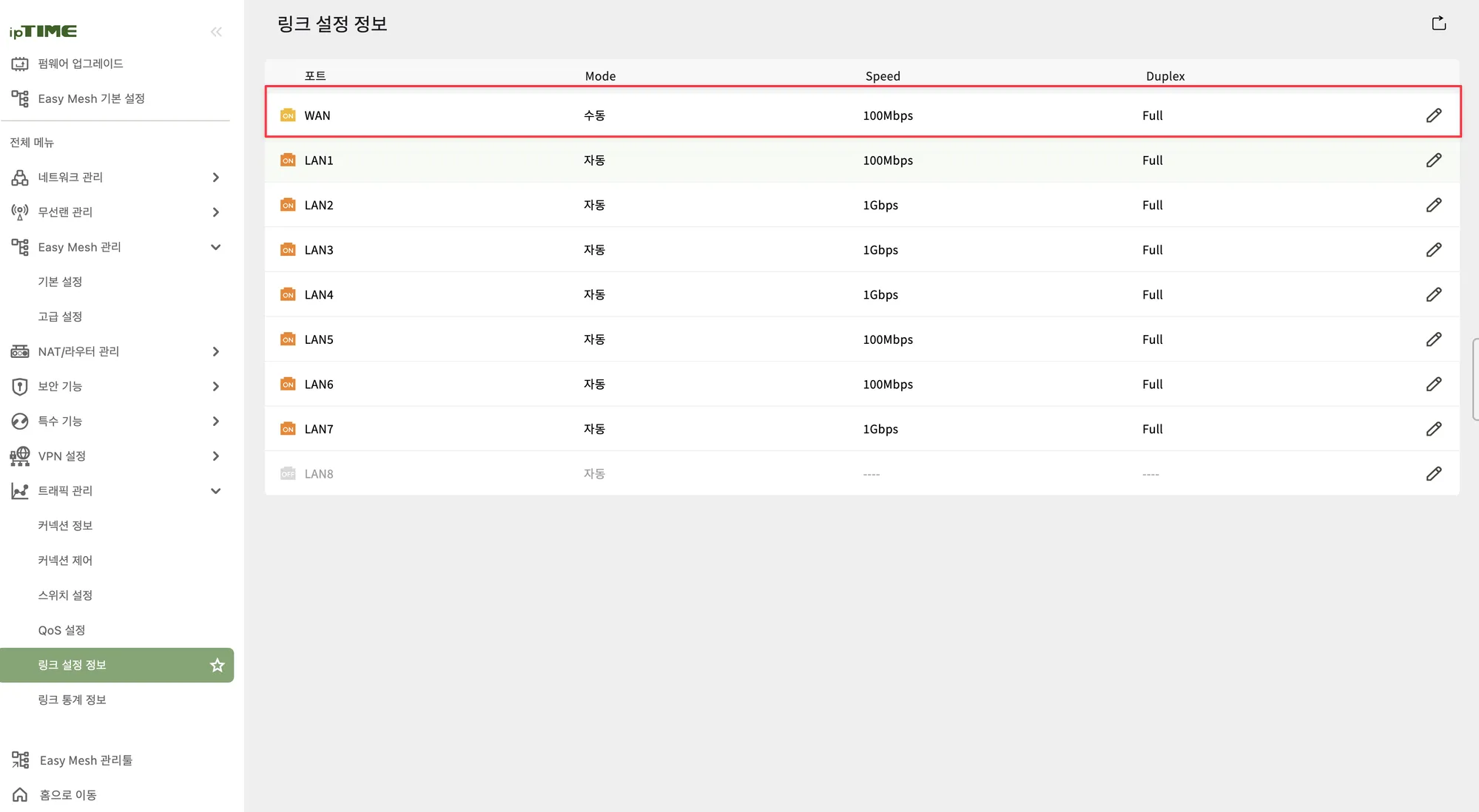 ipTIME 링크 설정 정보 화면. WAN 포트만 100Mbps, LAN 포트들은 기기에 따라 1Gbps로 정상 협상